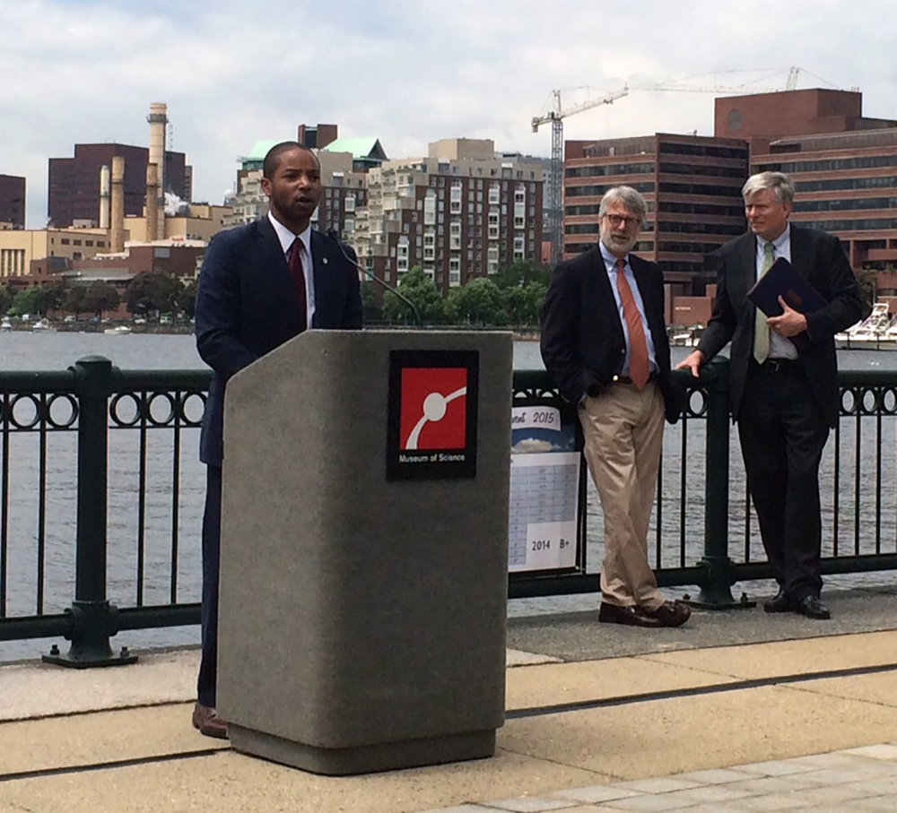 Austin Blackmon, City of Boston's Chief of Environment, Energy and Open Space and MWRA Board of Directors member; Charles River Watershed Association Executive Director Robert Zimmerman, Jr. and MWRA Executive Director Fred Laskey at the Museum of Science, on the lower Charles River.


