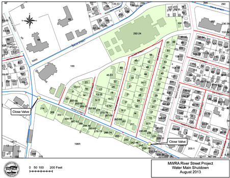 map of area to be affected by planned temporarty water shutdown in Waltham
