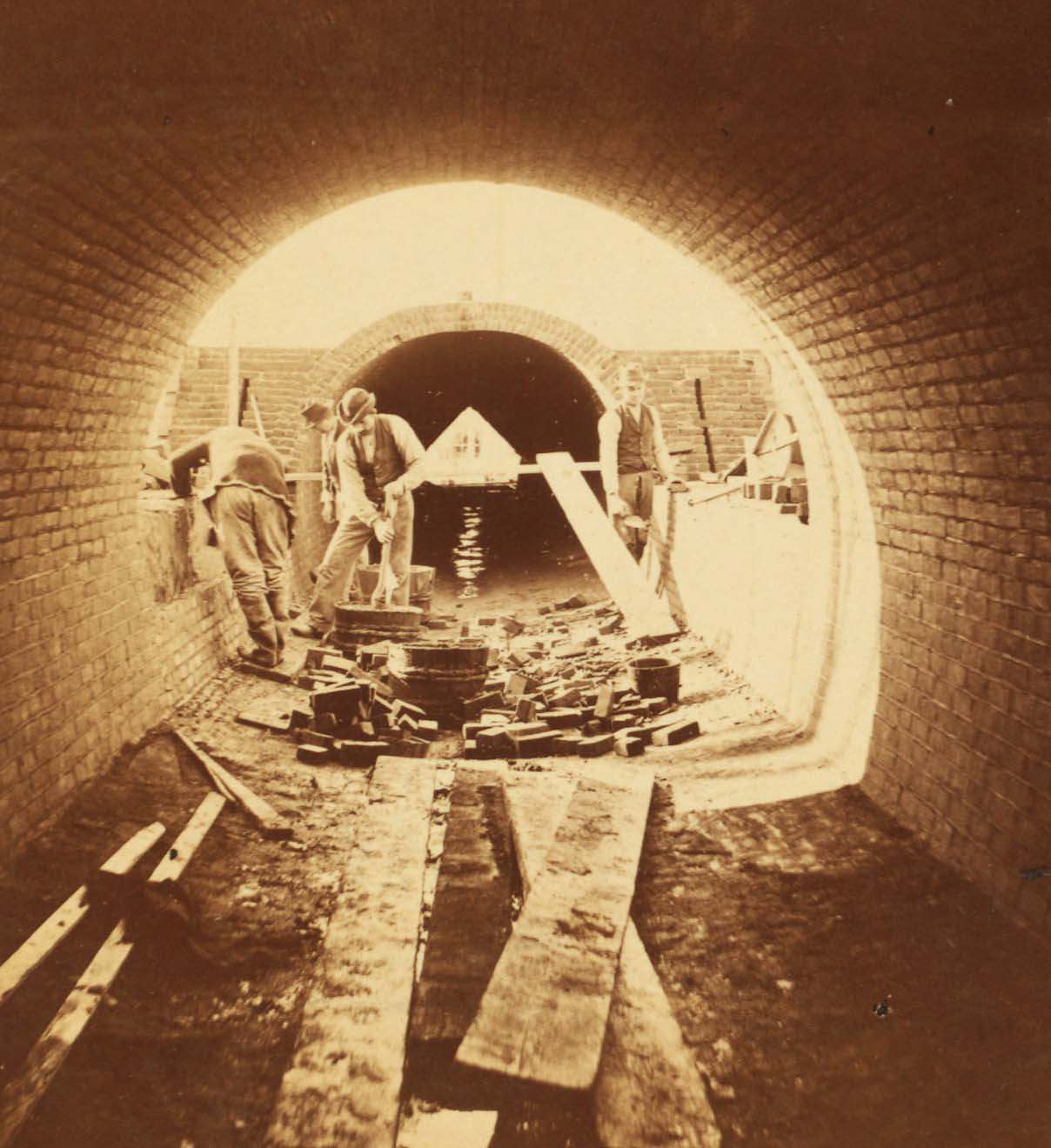 MWRA - Bricklayers work inside the Sudbury Aqueduct Terminal Chamber c. 1876