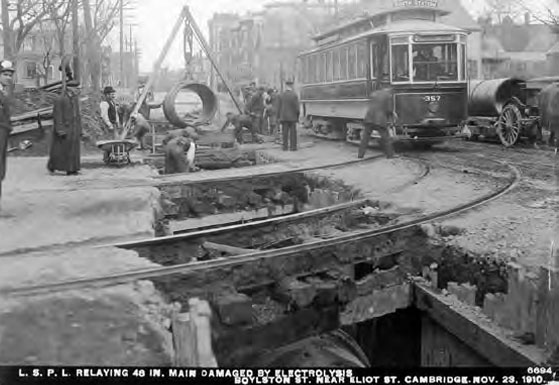 LSPL Relaying 46 Inch Main Damaged by Electrolysis Boylston St. Near Eliot St. Cambridge, November 1910