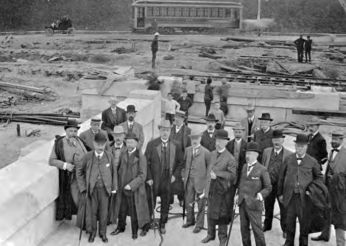 This 1906 photo shows a tour of Wachusett Dam construction being conducted for the Consulting Engineers of the Panama Canal. 
