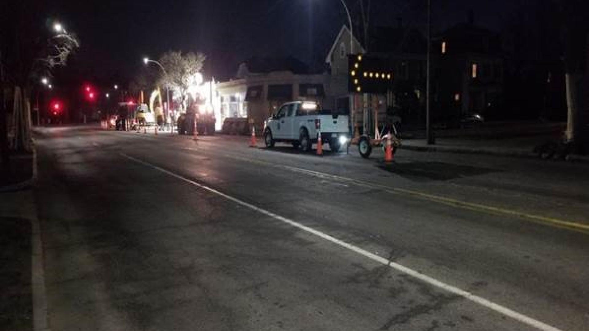 Crew working on Mount Auburn Street during early morning hours