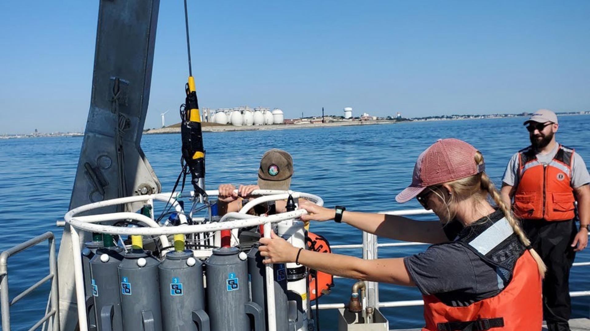 Researchers from Battelle measure water quality off Deer Island.