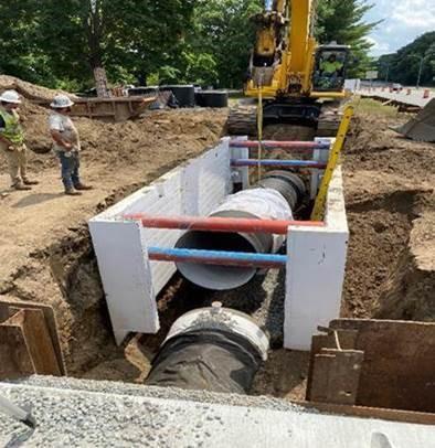 In a pit in the ground, a section of pipe is partially surrounded by white support walls.