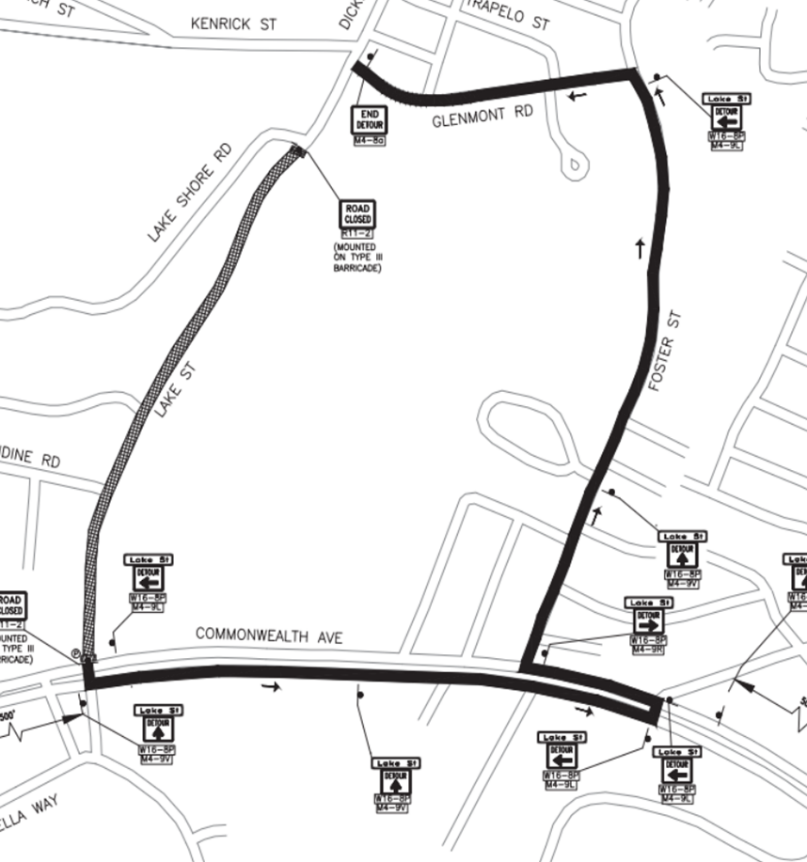 A map of the detour around Lake St. via Commonwealth Ave, Foster St and Glenmont Rd