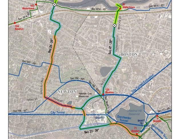 A map on the water main construction in Boston and Newton in June of 2023