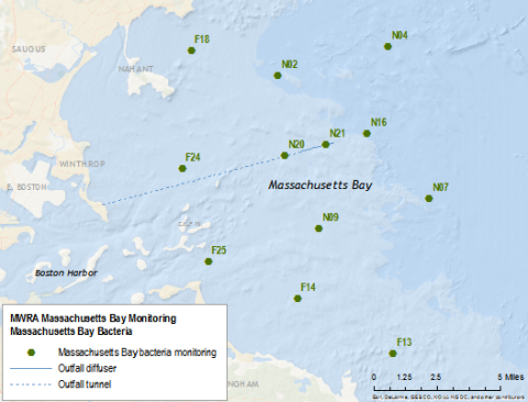 Map of bacteria monitoring stations in the Massachusetts Bay