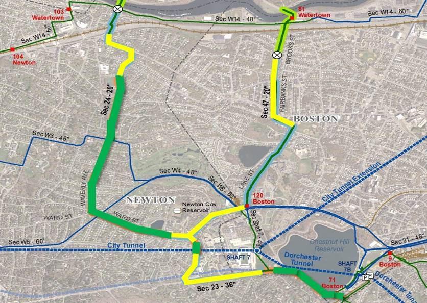  Map showing the yellow and green designated water mains across Boston and Newton