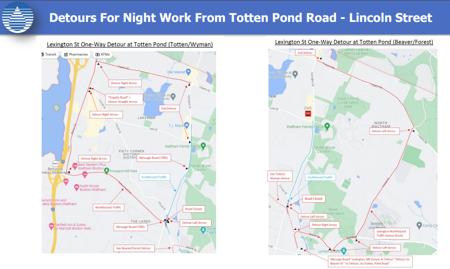 Detours for night work from Totten Pond Road - Lincoln Street
